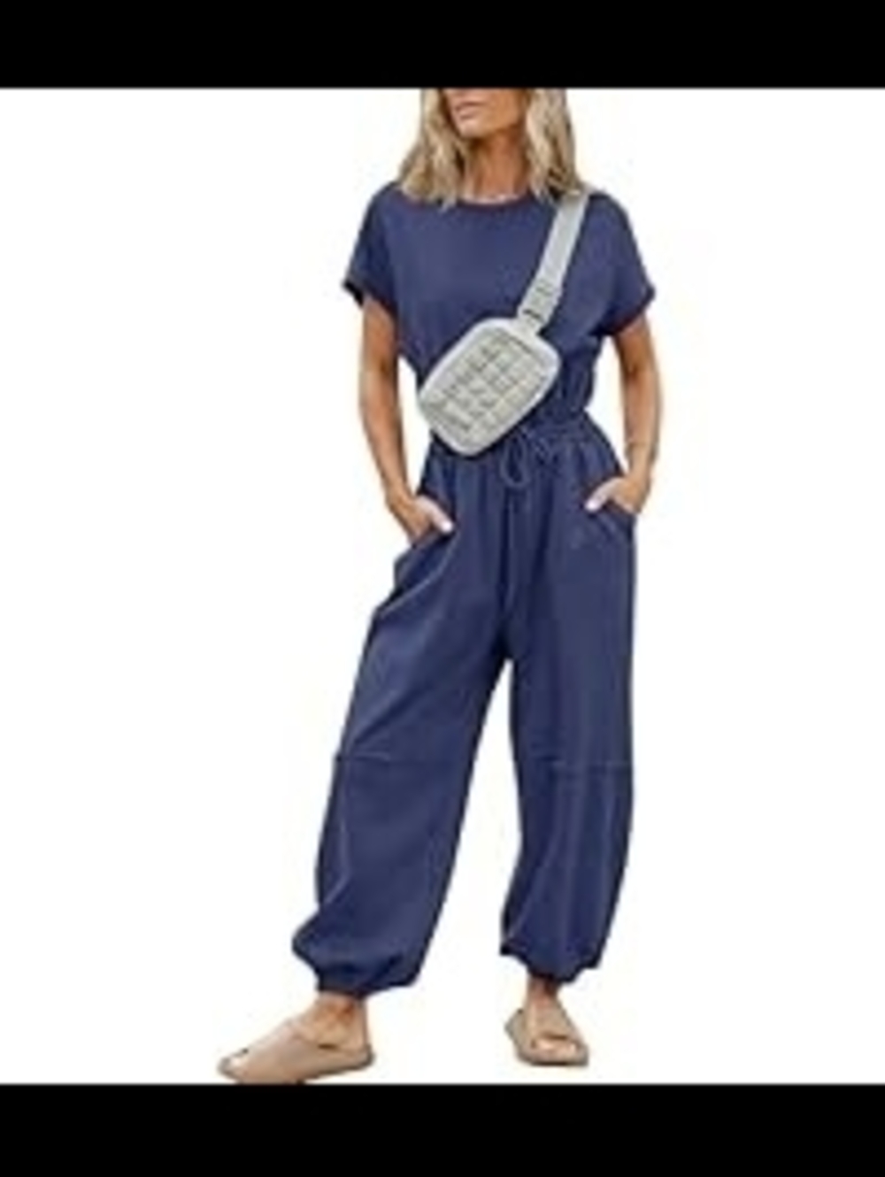 Flygo Casual Jumpsuit Crewneck Cap Sleeve Long Wide Leg Romper - Picture 3 of 14